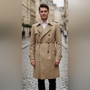 Mens Classic Trench Coat Tan with plaid liner Cotton Blend 42R